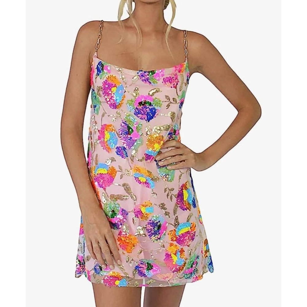 Women's Sequin Glitter Backless Low Cut Mini Dress Pink Floral NEW XL